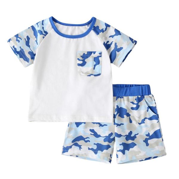 

baby boy summer solid color short sleeve pullover t-shirt camouflage shorts two piece set, White