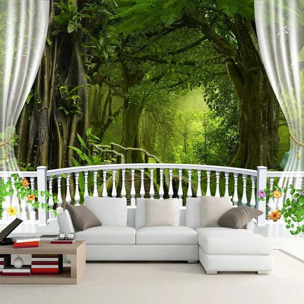 

custom p mural 3d balcony window green big tree forest landscape fresco waterproof canvas fabric wallpaper for living room