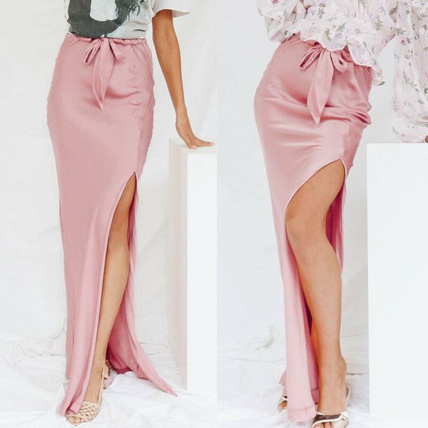 

2020 women fashion high split satin long maxi skirts with belt summer solid smooth silk pink girls skirts party straight skirt, Black