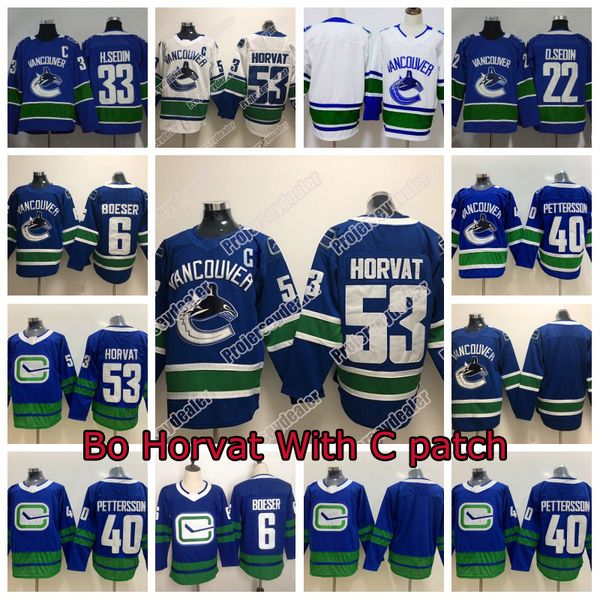 

Vancouver Canucks 50th Seasons Jersey 53 Bo Horvat With C patch 40 Elias Pettersson 6 Brock Boeser 22 Daniel Sedin 33 Henrik Sedin