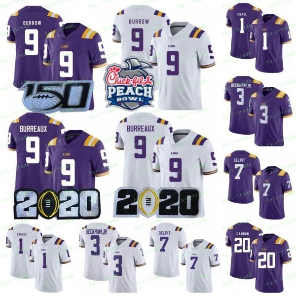 

ncaa lsu tigers jersey 9 joe burrow burreaux jamarr chase cannon grant delpit odell beckham jr fulton fournette college 150th 2020peach bowl, Black