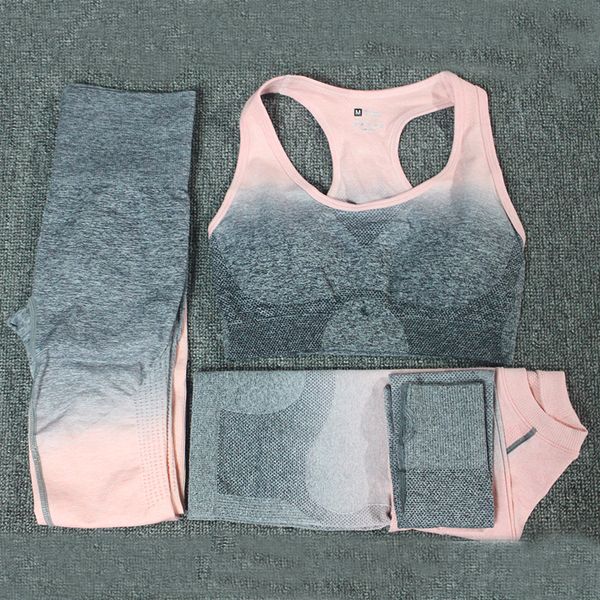 

3pcs ombre yoga set sports bra seamless high waist leggings long sleeve crop women running gym clothing fitness sports suit, White;red