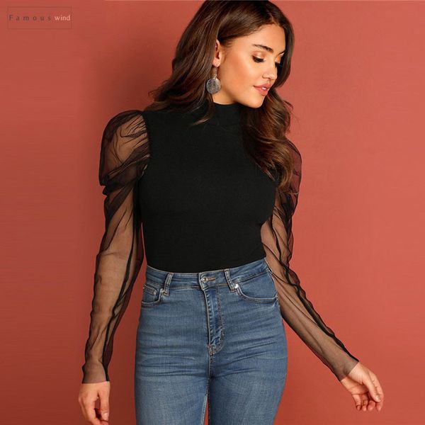 

tees shirts office ladies mesh leg of mutton sleeve slim fitted black autumn women long sleeve t, White