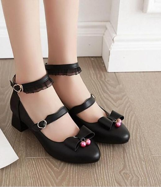 

2020 spring and autumn with new style fashion middle heel coarse heel round head bowknot women's shoes@yhnjk266, Black