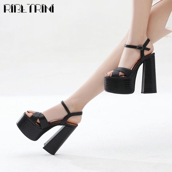 

ribetrini genuine leather female platform solid block heel shoes summer women sandals 2020 fashion consise sandals, Black