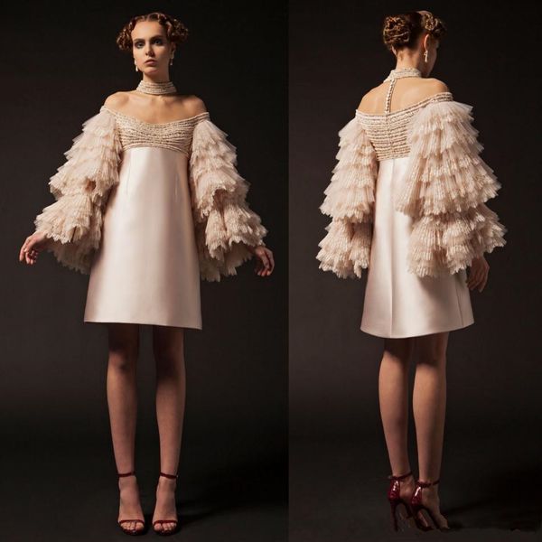 Champagner Krikor Jabotian Kurze Ballkleider Schulterfrei, knielang, langärmelig, Cocktailparty-Kleider, abgestuftes Spitzenperlen-Abendkleid