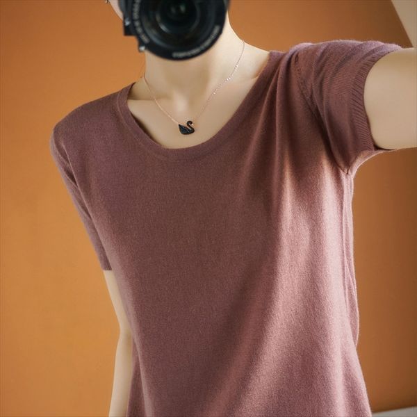 

temperament solid color round collar t-shirt female slim 2020 knitted short sleeve all-match half sleeve fashion, White