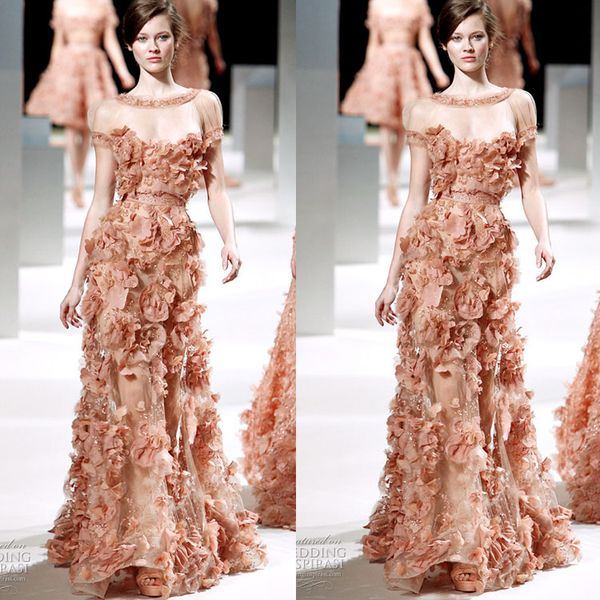 

elie saab prom dresses full 3d appliqued hand made flower evening gowns beades sheer jewel neck red carpet fashion dress, Black