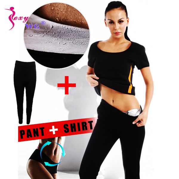 

sexywg yoga shirt + pant sports set women waist trainer body shaper pu silver neoprene sauna suit running vest blouse leggings, White;red