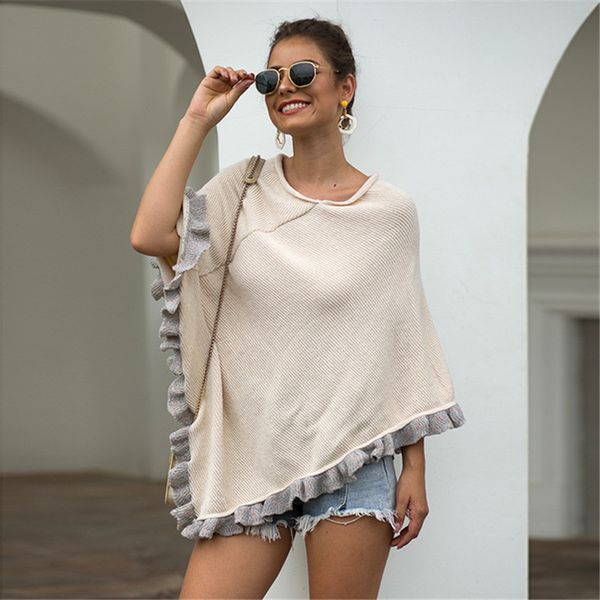 

women sweater cloak 2019 ruffle sleeve lady cloak o neck sweater long sleeve fashion streetwear autumn windproof, Black