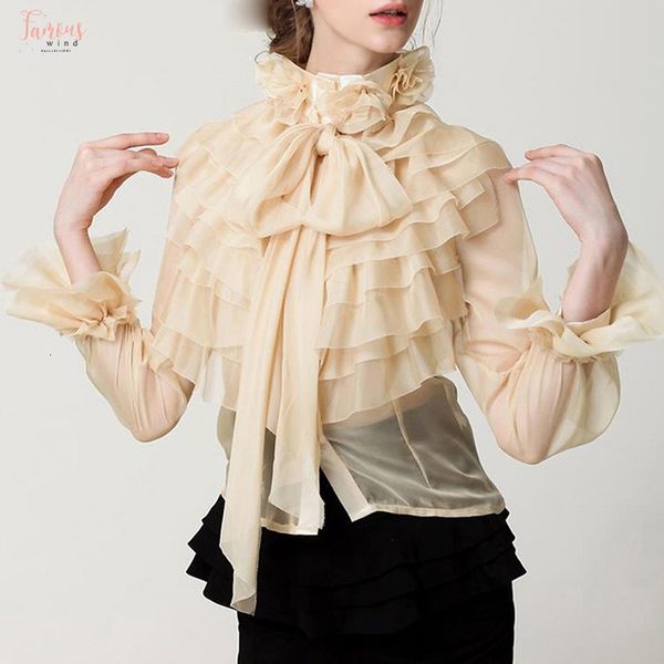 

рубашка perspective tops женской аппликации bowknot flare длинного рукав ruffle блуза женщины корейских моды одежда 2019 весны, White