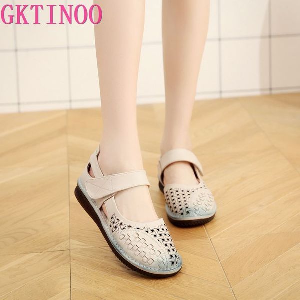 

gktinoo summer hollow breathable genuine leather sandals women flat sandals comfortable mother fashion shoes women, Black