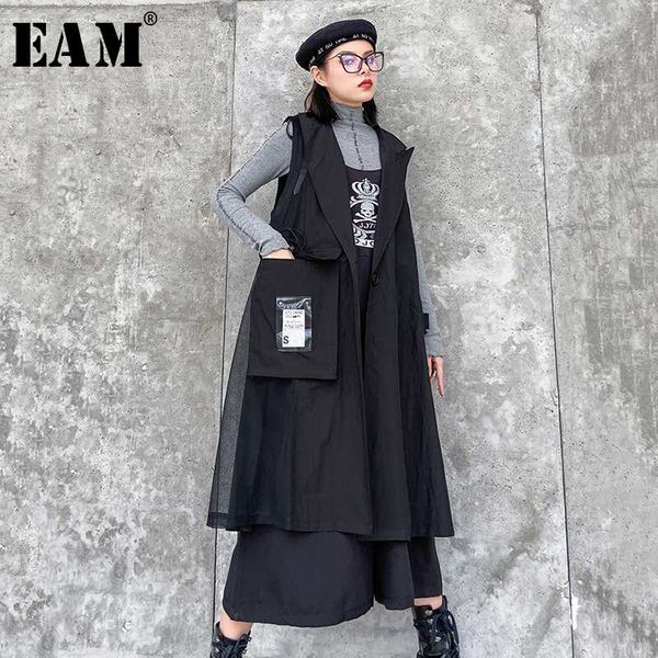 

eam] women black pattern printed big size long loose fit vest new lapel sleeveless fashion tide spring autumn 2020 1r512, Black;white