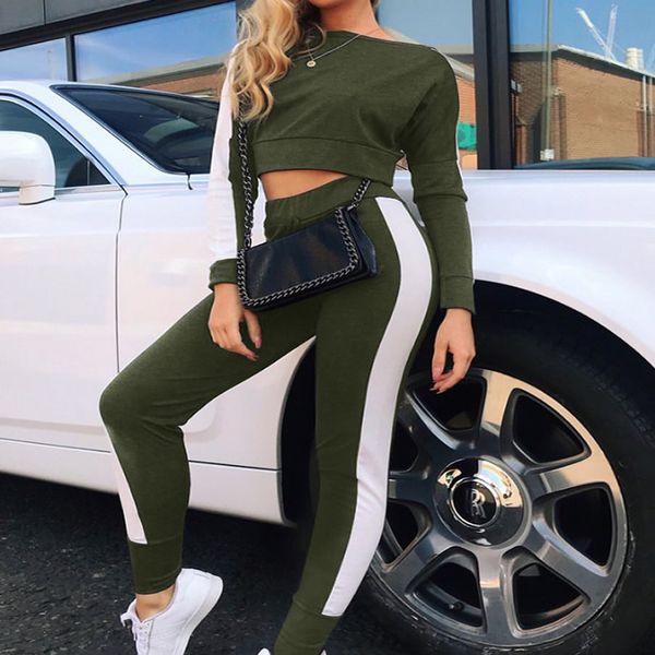 

повседневный осенний костюм женщины two piece set длинные рукава crop топы толстовки + длинные брюки 2020 полосатый спортивная 2 piece set, Gray