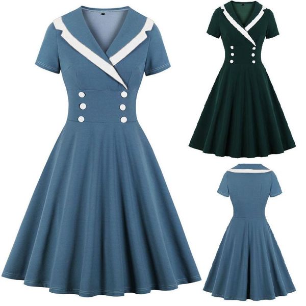 

vintage buttons women's dress short sleeve single-breasted retro ladies mini dress stylish female a-line v-neck princess dresses, Black;gray