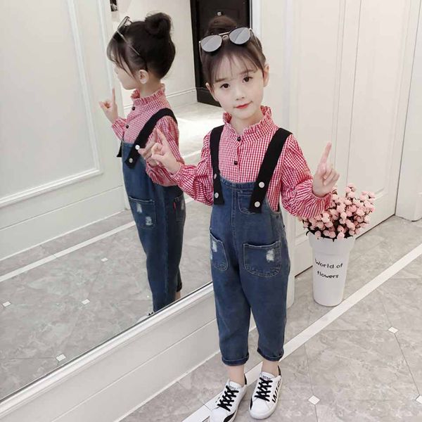 

girls autumn clothing set jeans overalls + plaid two piece set kids tracksuit denim trousers and t-shirts for children, White