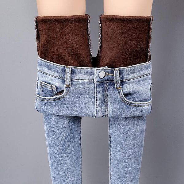 

women's jeans women warm plush plus size pencil pants female elastic denim trousers winter light blue vintage thick velvet skinny