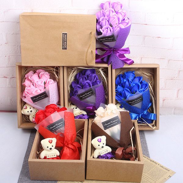 

valentine day gift 11pcs/set soap bouquet roses with box rose decorative flowers soap flower petal wedding favors rose bouquet