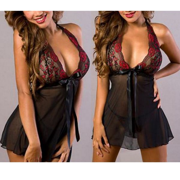 

new charming cute mesh open chest suit sleepwear underwear pajamas nightgown, Black;red