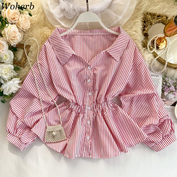 

woherb women blouse shirt stripe print long sleeve blouse office ladies elegant blusas female shirts korean fashion retro, White