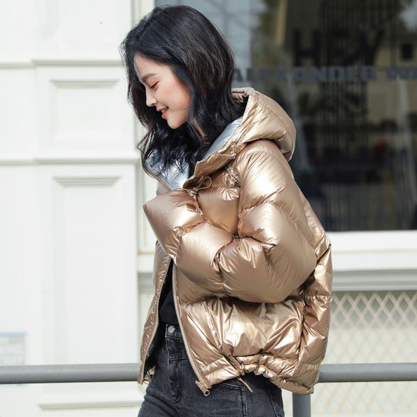 

fashion women golden down jacket 2019 new winter warm thicken zipper hat hooded short duck down coats female outerwear parkas, Black