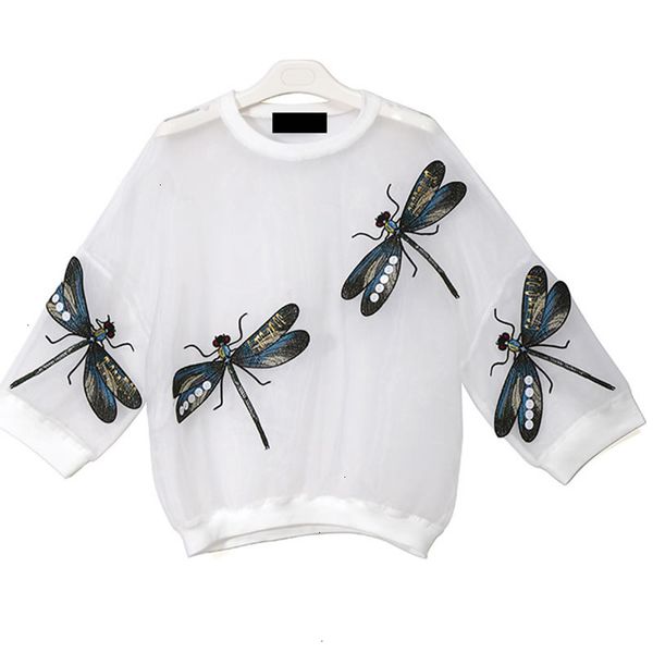 

women designer tshirts womens clothing black white mesh t shirt dragonflies women embroidery sheer kawaii tee t shirt chemise new ljt1723