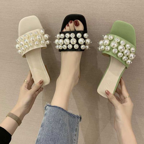 

string bead female shoes womens slippers outdoor slides low 2020 flat summer pu fabric hoof heels fashion, Black