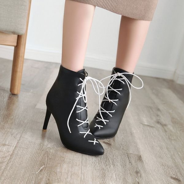 

white ankle boots women shoes autumn booties ladies boots-women lace up clogs platform winter footwear low high heel pointy, Black