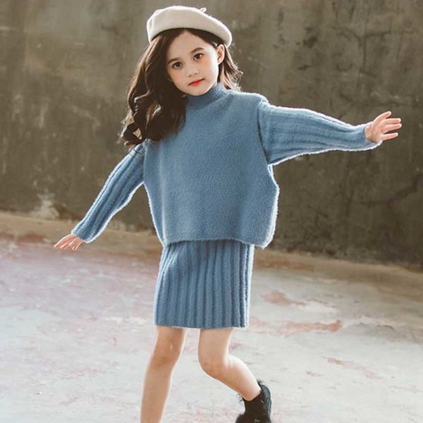 

2019 autumn winter girl knitting 2 pieces clothing sets teen children dress suit sweater dresses girls baby kids casual knitted t200413, White