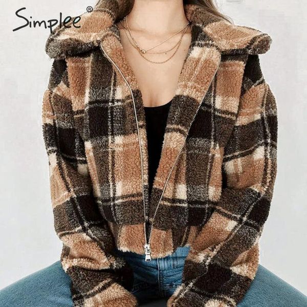 

simplee faux fur plaid coat women zippers autumn winter female short fur jackets streetwear oversize ladies warm overcoats 2019, Black
