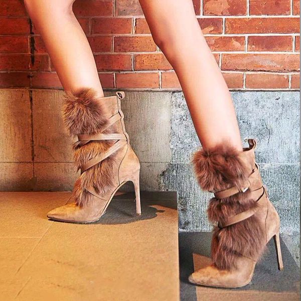

vogue fur cross-tie high heel mid-calf women boots suede leather pointed toe elegant winter boots women swe0006, Black