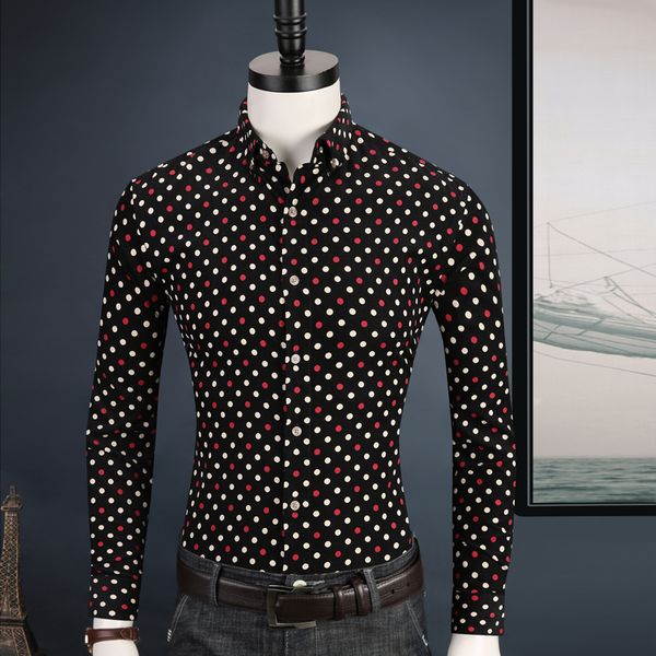 

men's casual polka dot print corduroy cotton shirt comfortable standard-fit long sleeve button-down shirts, White;black