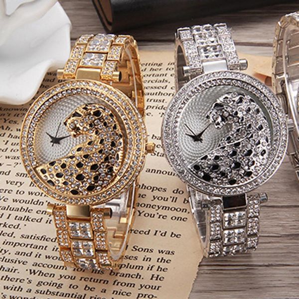 

leopard with diamond steel belt ladies watch luxury full diamond waterproof shiny rhinestone inlaid quartz watch gift 2019 new v, Slivery;brown