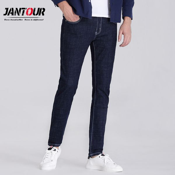 

jantour 2017 luxury men's brand blue black jeans men cotton skinny slim solid color casual stretch denim jean mens pants male