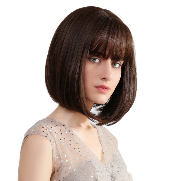 

12'' short bob wig with neat bangs synthetic heat resistant hair for white black women (dark brown