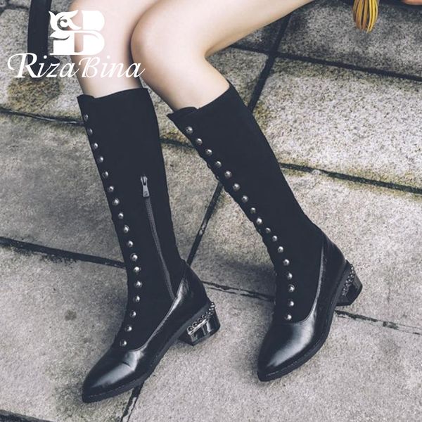 

rizabina size 32-48 women knee boots fashion winter warm shoes women zipper lady office long boots plush fur heeled footwear, Black