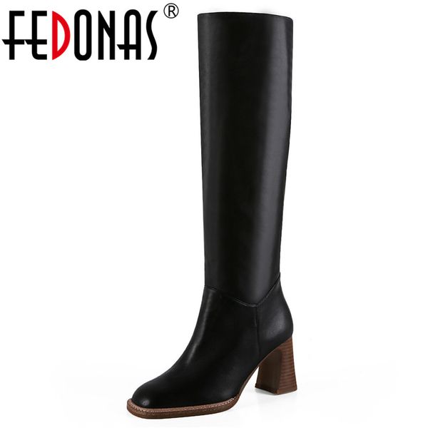 

fedonas concise knee high boots women autumn winter warm party basic shoes woman square toe high boots fashion heels, Black
