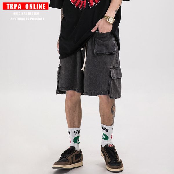 

pocket shorts tkpa summer male draw string denim shorts loose popular logo ins men and women use five minutes of pants, Blue