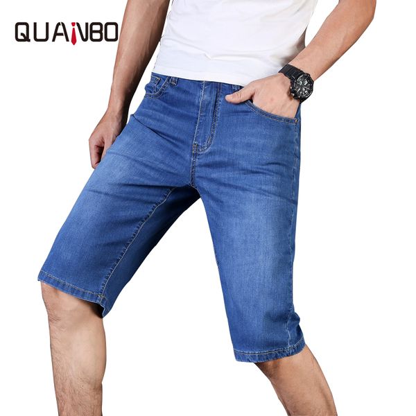 

quanbo 2019 new summer thin business casual light blue denim shorts men fashion slim fit straight elastic jeans shorts brand