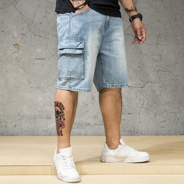 

new style popular brand japanese-style large size cowboy shorts men's loose-fit washing embroidery multi-pockets workwear harem, Blue