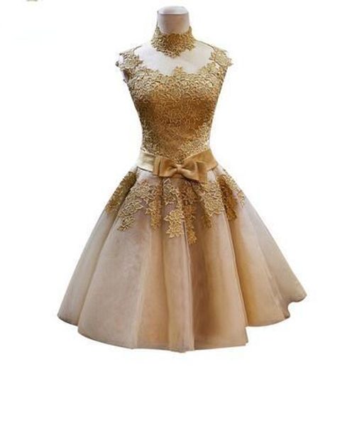 2019 Novo Laço Curto Ouro Vestidos Noiva Princesa Banquete Vintga Pescoço High Neck Vestido Plus Size Personalizado Robe de Soiree 489