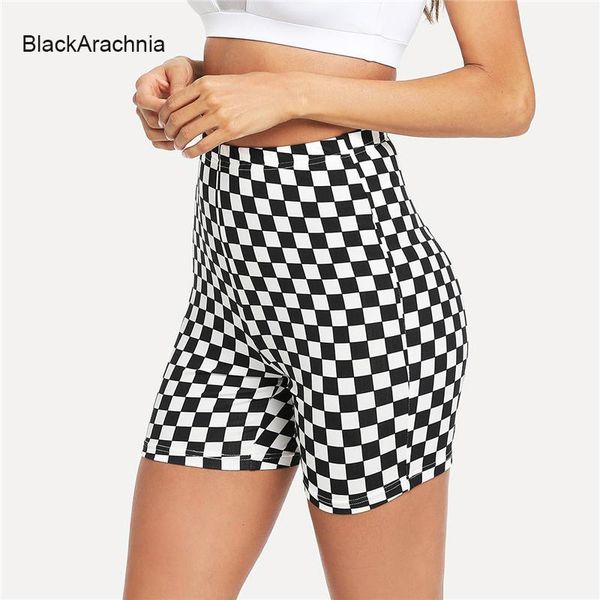 

blackarachnia black and white plaid printing yoga shorts knee length sport shorts women gym high waist plus size, White;red