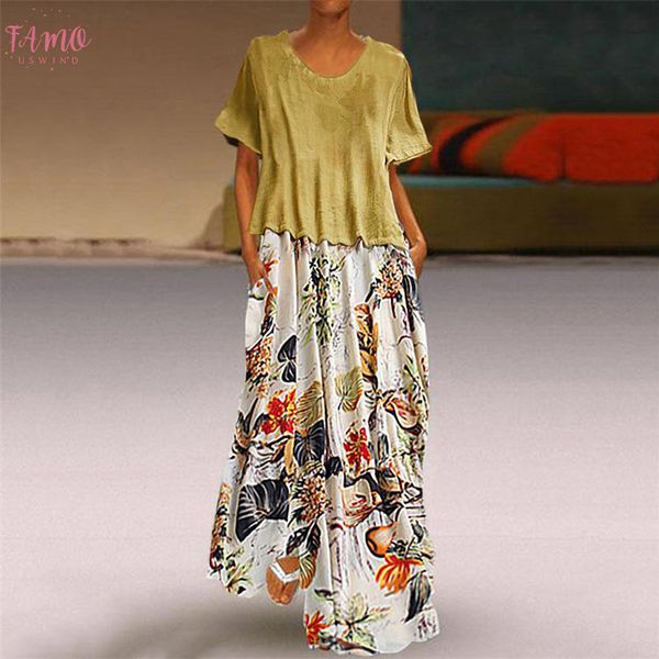 

women casual vintage summer dresses printing patchwork o neck two pieces plus size pockets maxi linen dress vestidos de fiesta, Black;gray