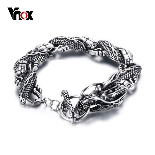 

vnox vintage dragon bracelet stainless steel chain punk men jewelry 8.3" high quality, Golden;silver