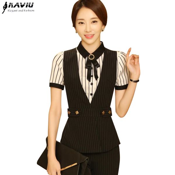 

women stripes pant suits spring summer formal business uniforms fashion office plus size vest and pants black navy blue, White;black