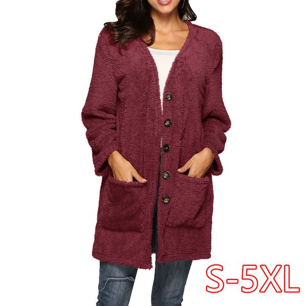 

autumn solid simple casual plus size 5xl women clothes double-sided velvet big pocket plush knitted sweater button warm cardigan, White