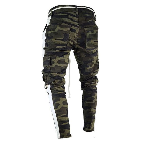 

europe and america men's wear multi-pockets skinny jeans side webbing camouflage jeans, Blue