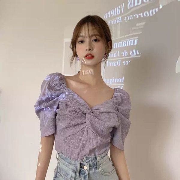 

2020 летний пузырь рукав сви poao фиолетовый jacke шор jacke t женщин короткий французский фиолетовый топ дизайн чувство нишу летом, White