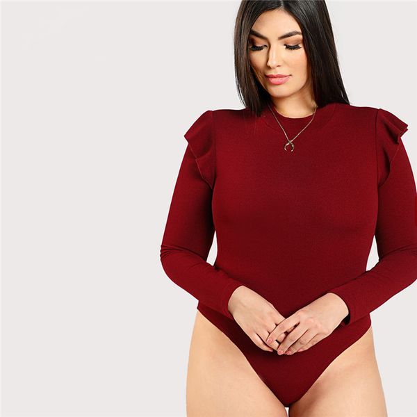 

jumpsuit plus size women jumpsuits burgundy long sleeve ruffle casual autumn mock neck frill shoulder stretchy solid bodysuits, Black;white