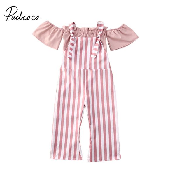 

1-5y kid baby girls clothes sets pink striped off shoulder t shirts +solid overalls pants, White